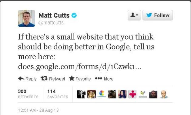 Matt Cutts Tweet on Small Website